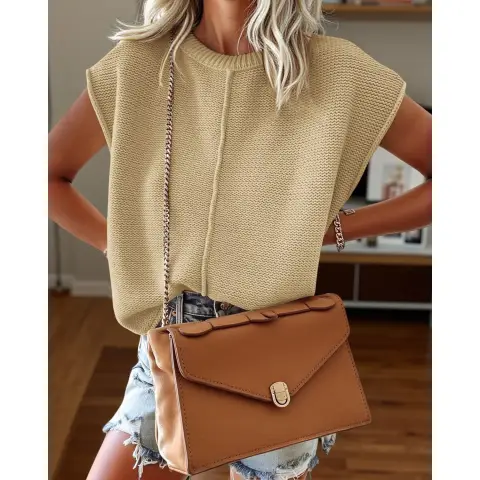 Women's Summer Cap Sleeve Tops Casual Crew Neck Loose Fit Knit Lightweight Sweater Pullover Top (apricot, XL)