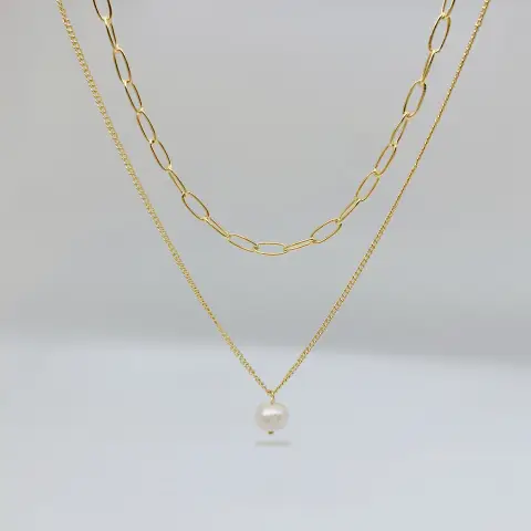 Double Layer Chain and Pearl 18K Gold Plated 40/50cm Necklace