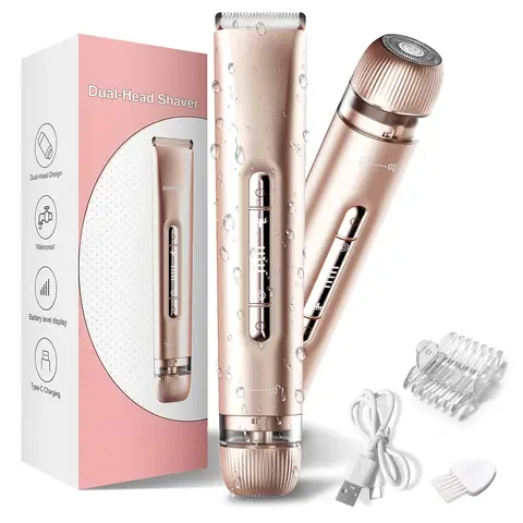 Bikini Trimmer for Women 2 in 1, Dual Head Womens Electric Shaver, Electric Razors for Pubic Hair, IPX7 Waterproof Rechargeable Facial Hair Removal for Shaving Underarm Leg Arm Body Face, Rose Gold