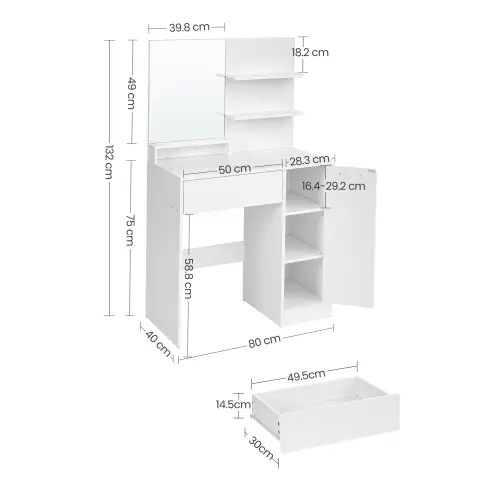 VASAGLE RDT119W01 Table à maquillage avec miroir, compartiment de rangement, 1 tiroir, 2 étagères, Blanc