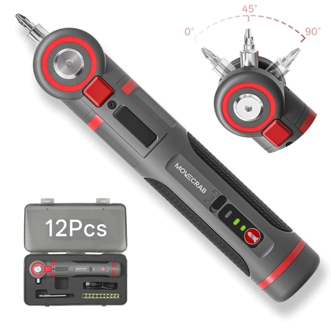 MOVECRAB 3-in-1 Angle Adjustable Electric Screwdriver Set 12PCS Mini Cordless Tool with LED Light & 3 Speed Adjustable Torque (3-5N.m) 2000mAh Powerful Rechargeable Screwdriver for DIY Crafts, Phone, Laptop Repair