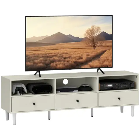 HOMCOM 140cm TV Stand Cabinet, Modern TV Unit Console Table for up to 75", with 3 Drawers, 3 Open Storage Shelves, Cable Management, Media Entertainment Centre for Living Room, Bedroom, Cream White
