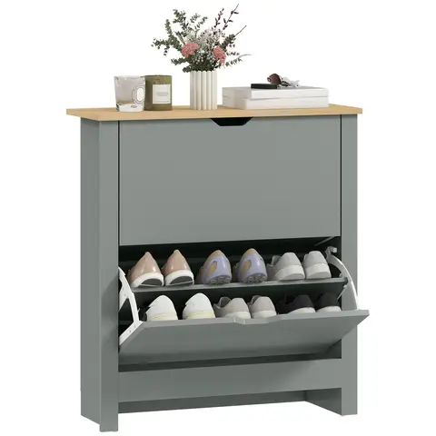 HOMCOM Narrow Shoe Cabinet, Space Saving Shoe Storage Cabinet with 2 Flip Drawers and Adjustable Shelves Light Grey