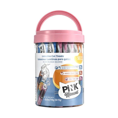 Pink Soft Cat Treats – Mixed Flavors (Tuna， Chicken， Salmon & Chicken)， 50 Sticks × 15g – Zero Additives， Grain-Free & Gel-Free – Hairball Control & Digestive Support – Trusted Canadian Pet Brand