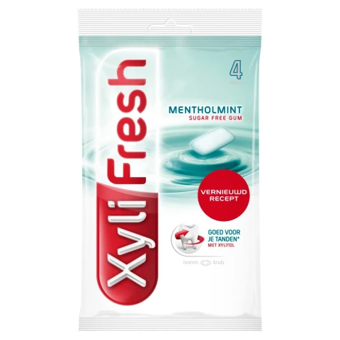 Xylifresh Gomme à mâcher à la menthe poivrée sans sucre, 4 emballages, 4 x 18 g