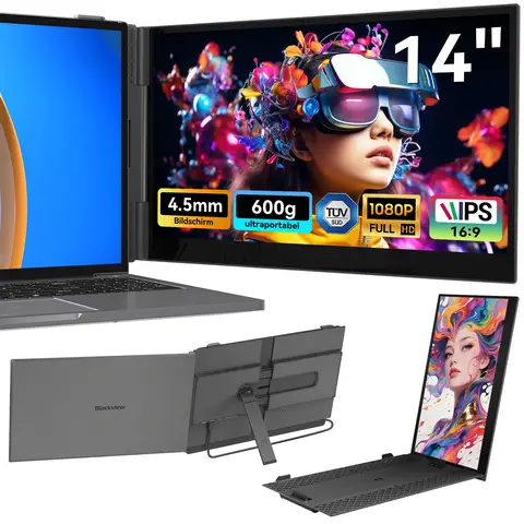 Blackview SCM6 Laptop-Bildschirmerweiterung (600g, 4,5mm) - 14" FHD IPS Augenfreundlicher Tragbarer Monitor für Laptops, Integrierter Ständer, Doppeldisplay für 13"-17" Laptops, Plug & Play für Mac/Windows/Android
