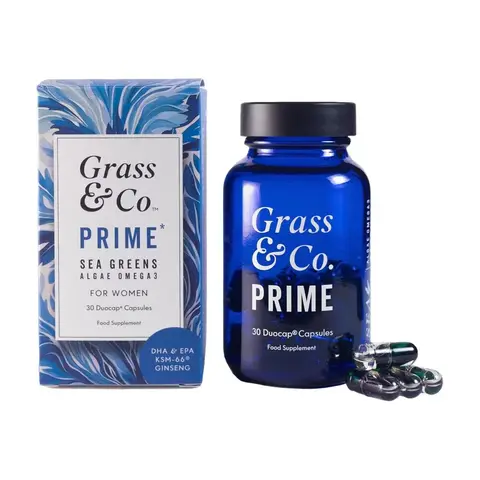 Grass & Co. PRIME Sea Greens Vegan Omega-3 Capsules 330mg DHA EPA with Ashwagandha Ginseng Zinc Vitamins B5 B6 D3 K2 for Women's Health 30 Capsules