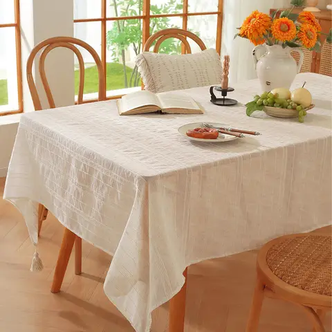 Hemstitched Embroidery Striped Boho Tablecloth 55*90 Inch , Heavy Weight Farmhouse Tablecloth, Wrinkle Resistant Washable Table Cloth for Rectangle Table，beige