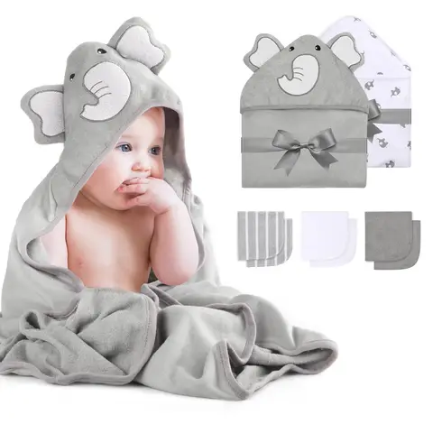 Momcozy Polyester-Cotton Blend Bath Towel & Washcloth Set M19FWXY01 (Gray Elephant Pattern, 8 Pcs)