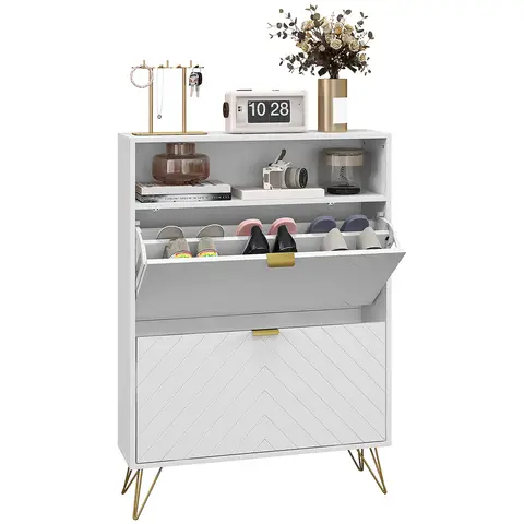 HOMCOM Narrow Shoe Cabinet with 2 Flip Drawers, Slim Shoe Storage Cabinet with Adjustable Shelves, Open Shelf, Hairpin Legs and 2 Vents for 12 Pairs of Shoes for Entryway, White
