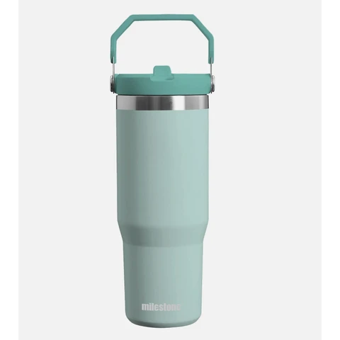 Milestone Travel Mug with Flip Straw Stainless Steel Double Walled Mint Green 890ml