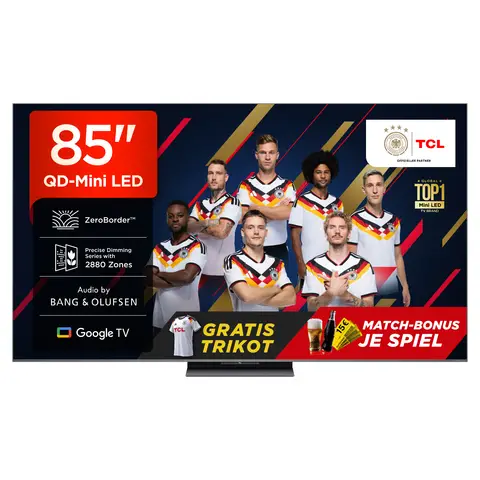 TCL 85Q8C 85 Zoll QD Mini LED TV, 4K HDR Premium 5000, ZeroBorder, Smart Google TV, CrystGlow WHVA-Panel, Audio von Bang & Olufsen, 144 Hz Motion Clarity Pro, Dolby Vision IQ und Atmos