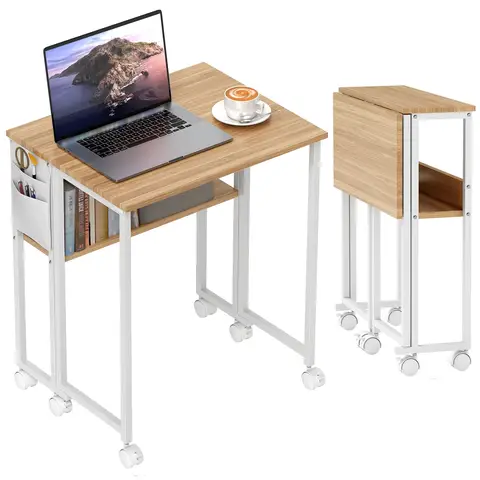 HOMCOM Folding Desk with Storage Shelf and Bag, 63 cm Foldable Computer Desk Natural Wood Finish
