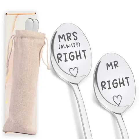Alphynix 2PC Mr & Mrs Right Spoon Collection, Playful Spouse-Themed Utensils with "Always Right" Humorous Inscriptions, Comes with Storage Pouch