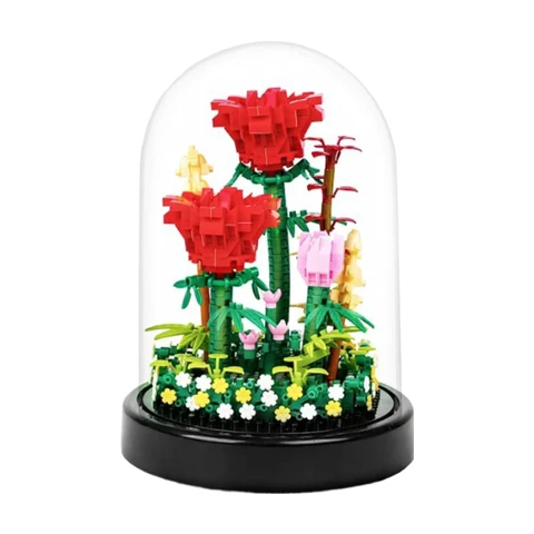 HOGOKIDS Flower Bouquet Building Kit with LED Lighting - 596 PCS Rose Sets with Cover Botanical Building Blocks | Birthday Mini Bricks Valentines Day Gift Girlfriend Wife (Red Roses), Christmas Gift