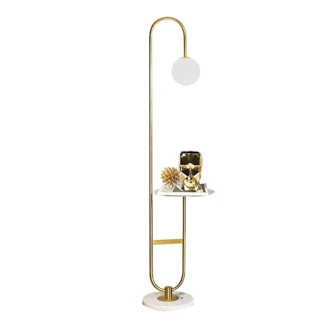 Homary 1500mm Modern Arc Floor Lamp with Shelf in Gold with Glass Shade & Marble Base