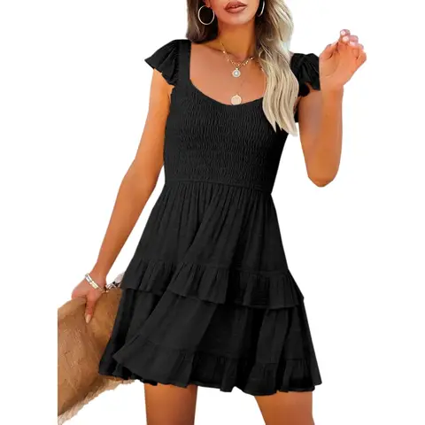 Women's Summer Ruffle Dresses Elastic Empire Waist A-line Layered Swing Flowy Mini Dress (Black, M)