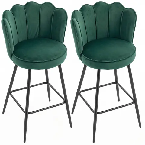 HOMCOM Bar Stools Set of 2, Modern Velvet Barstools with Petal Backrest and Footrest,Breakfast Bar Chairs Dark Green