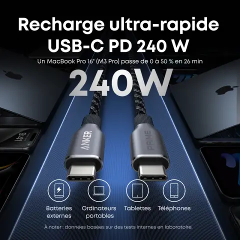 Anker Prime Câble USB C vers USB C, 240W Câble USB C Recharge Rapide, Nylon Tressé Upcyclé Haute Durabilité, câble USB 2.0 pour iPhone 16/16 Pro/16 Pro Max/16 Plus, MacBook, iPad, Galaxy S24(1,8m)