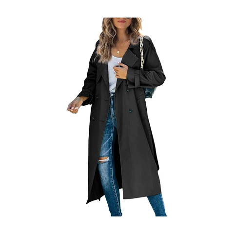 Women's Double Breasted Long Trench Coat Windproof Classic Lapel Slim Overcoat with Belt (Black, M)