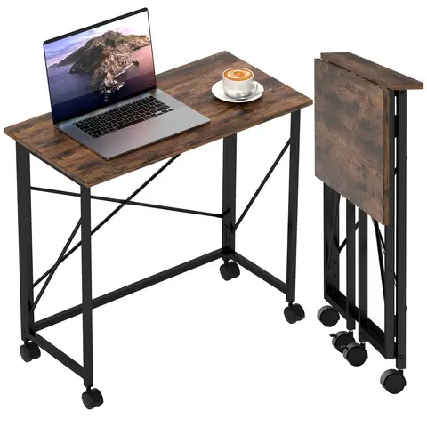 HOMCOM Small Folding Desk, 80 cm Foldable Computer Desk on Wheels for Small Space Space Saving Writing Table Rustic Brown