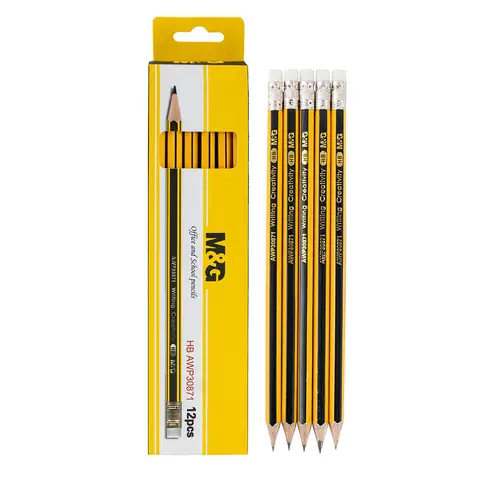 M&G HB Pencils, 12 Pack Pre-Sharpened Wooden Graphite Pencils with Erasers, Hexagonal School Pencils for Writing, Drawing, and Office Use, Yellow and Black Striped