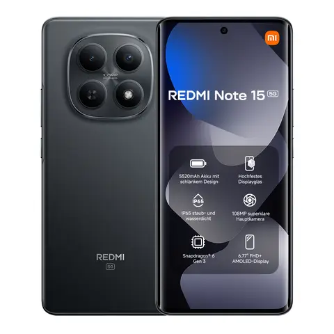 REDMI Note 15 5G Schwarz 6 GB RAM 128 GB ROM, 6,9" FHD+ DotDisplay 144 Hz Display, 6 nm Octa-Core-Prozessor, 50 MP Hauptkamera, 7000 mAh Akku