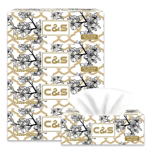 C&S Jierou Soft & Skin-Friendly Boxed Facial Tissue, 3-Ply, 424 Sheets (4 Boxes x 106 Sheets)