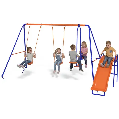 Outsunny Kids Swing Set, 4 in 1 Metal Garden Swing Set with 2 Seats, Glider, Slide, Ladder, Heavt-Duty A-Frame, Outdoor Playground Playset for Kids 3-8 Years Old, Hold up to 225kg