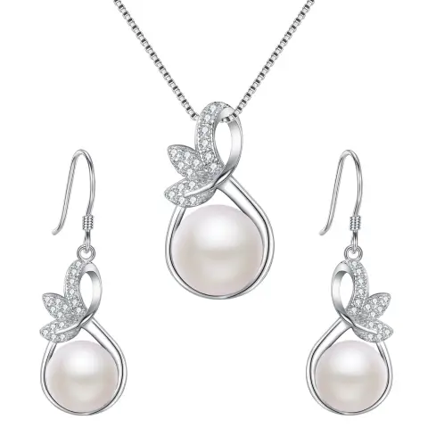 Ever Faith Cubic Zirconia and Ivory Freshwater Cultured Pearl Infinity Leaf Vine Necklace with Hook Earrings Set