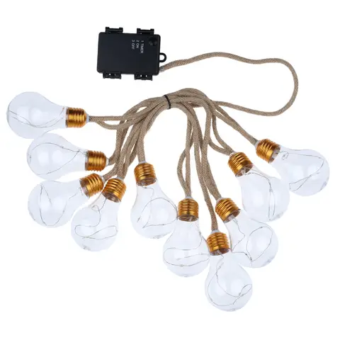 Guirlande lumineuse LED d'extérieur en corde de chanvre avec ampoules transparentes, 10 LED blanc chaud de 50 cm (6 x 9 cm), espacement de 30 cm, câble en chanvre de 50 cm, base en métal doré avec boîtier pour 3 piles AA (fonction minuterie), piles non incluses. (Utilisation extérieure)