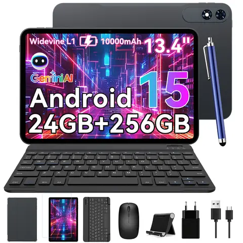 TABWEE T60Pro 13,4-inch Android 15-tablet, 24 GB (8+16) RAM + 256 GB/2 TB ROM, 10.000 mAh-batterij, 2K Incell-scherm/120 Hz/5G wifi, inclusief hoesje/muis/toetsenbord/kabelheadset