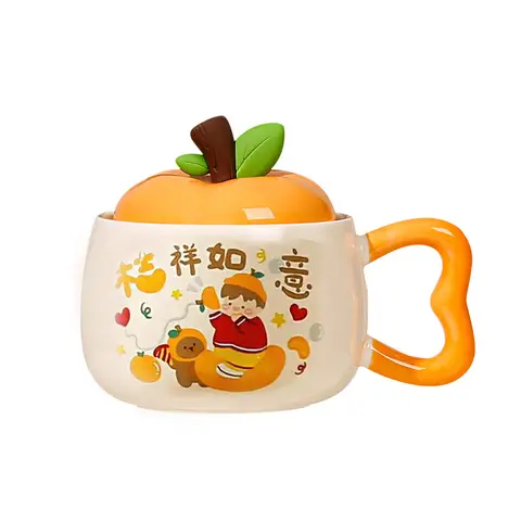 Viel Glück und Freude 400ml/13.5oz chinesische Haushalts-Keramiktassen im einfachen und hübschen Design mit orangefarbenen Deckeln