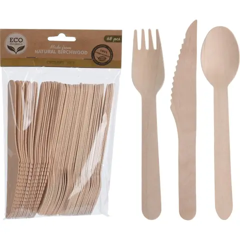 Eco-Friendly Berkenhouten Bestekset - 48 stuks, Bruin