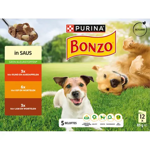Bonzo Mixpakket 12 stuks rund/kip/lam in saus