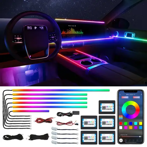 Acrylic Interior Car LED Strip Light with Wireless APP, Dreamcolor RGB 10 in 1 with 175 inches 600 LEDs Fiber Optic Car Ambient Lighting Kits, Dual Zone Sound Active Function LED Strip for Car