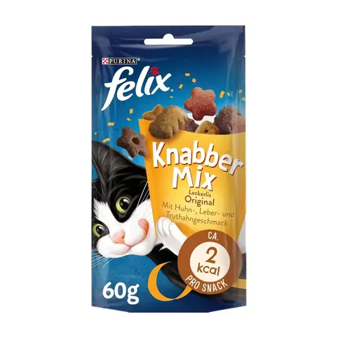 PURINA FELIX KnabberMix Original mit Huhn-, Leber- & Truthahngeschmack - 8 x 60g - Bunte Katzensnacks
