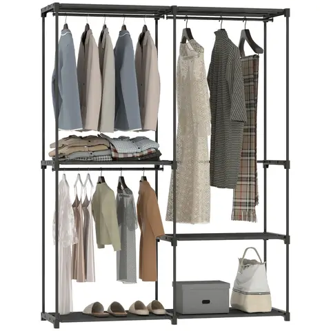 HOMCOM Armoire de rangement, penderie en tissu, armoire chambre, penderie vêtement avec barre de suspension et étagères, pour vestiaire, chambre, dressing, 142 x 43 x 185 cm, noir