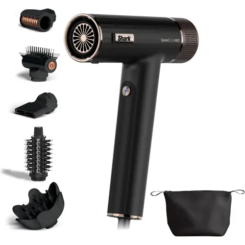 Shark SpeedStyle Pro Haartrockner, Hohe Leistung & Power für alle Haartypen mit Kopfhautschutz und 5 Aufsätzen, Leicht, Keine Hitzeschäden, Klappgriff, Aufbewahrungstasche, Schwarz HD752EU
