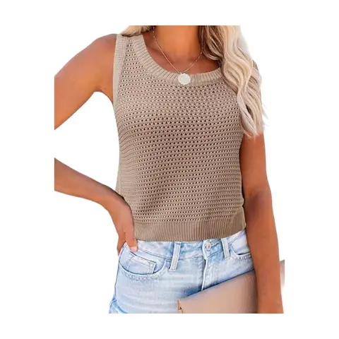 Women's Summer Knit Sweater Tank Tops Round Neck Crochet Hollow Out Sleeveless Casual Crop Shirt (CAMEL， S)