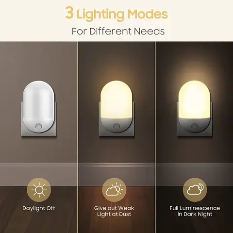 Arlgsite Nachtlicht mit Lichtsensor, warmweiß 2800–3200 K, SMD-LED 0,5 W, 110–220 V, ABS + Metall, 20 lm, für Schlafzimmer, Babyzimmer und Flur