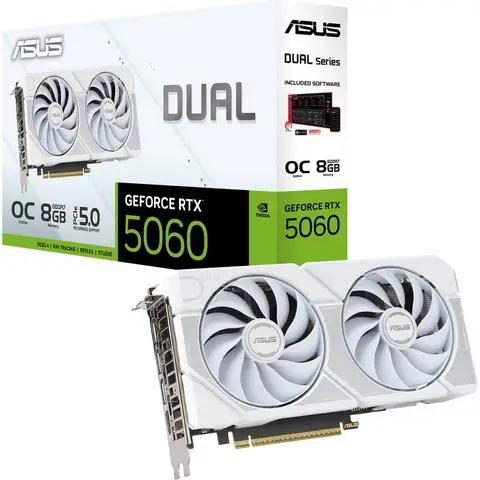 ASUS Dual GeForce RTX 5060 8 GB GDDR7 weiße OC-Edition Gaming-Grafikkarte (NVIDIA Blackwell und DLSS 4, 2,5-Slot-Design, PCIe 5.0, 1x HDMI 2.1b, 3x DisplayPort 2.1b, weiß, DUAL-RTX5060-O8G-WHITE)