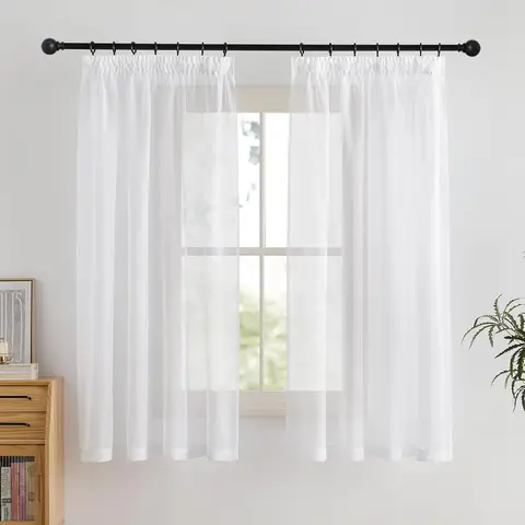 PONY DANCE Sheer Linen Look Curtains Pencil Pleat, 2 Panels W140 x L175 cm(W55 x L69 inch), White
