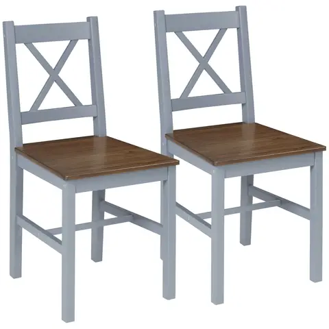 HOMCOM Dining Chairs Set of 2, Wooden Kitchen Chairs, Farmhouse Dining Room Chairs with Cross Back, Grey