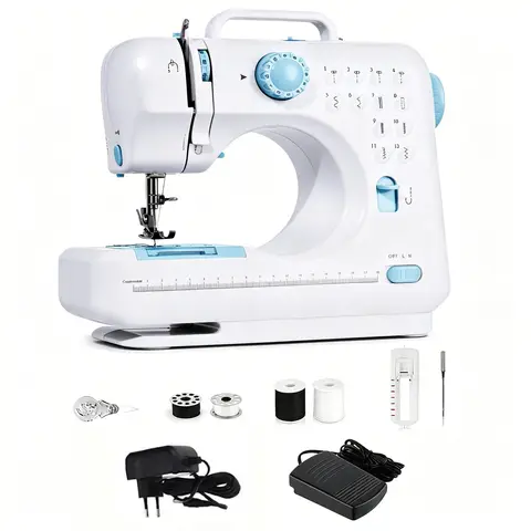 IAGREEA Mini machine à coudre électrique portable, 12 points, double alimentation avec éclairage LED, facile à utiliser pour le bricolage à la maison, la réparation de vêtements et les projets de loisirs créatifs pour enfants, Bleu ciel