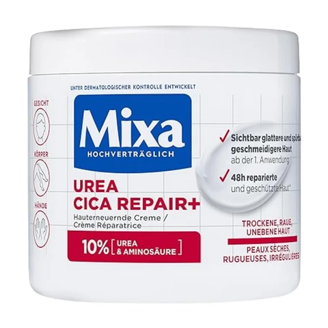 Mixa Urea Hautregenerationscreme mit Harnstoff & Niacinamid für trockene, raue und ungleichmäßige Haut, repariert und glättet, Feuchtigkeitscreme für Körper, Hände und Gesicht, Urea Cica Repair+, 400 ml