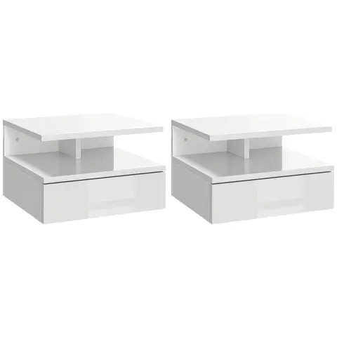 HOMCOM Floating Bedside Table Set of 2, Wall Mount Nightstands with Storage Drawer and Open Shelf for Bedroom White