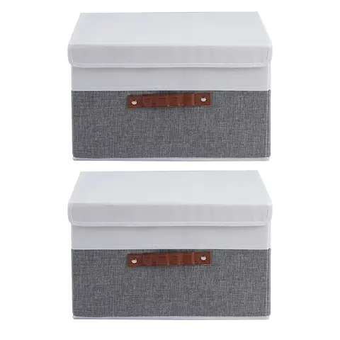 White Label Set of 2 Large Collapsible Storage Boxes with Lids, Durable Fabric Organizers for Clothes, Bedding, and Toys