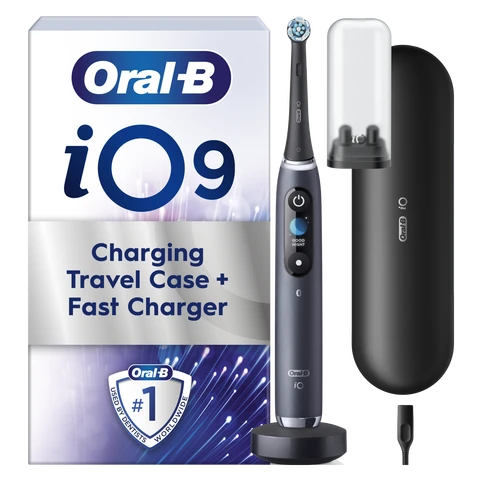Oral-B iO9 Adult Electric Toothbrush, App Connected, 1 Toothbrush Head & Charging Travel Case, 7 Modes with Teeth Whitening, 2 Pin UK Plug, Black