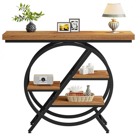 Tribesigns Console Table, 100 cm, Thick Top Industrial Coffee Table, Side Tables with Geometric Metal Frame, for Living Room, Entrance, Rustic Brown